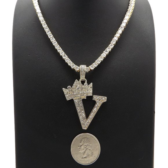 Initial Letter "V" Pendant Tennis Chain Necklace - Picture 1 of 10